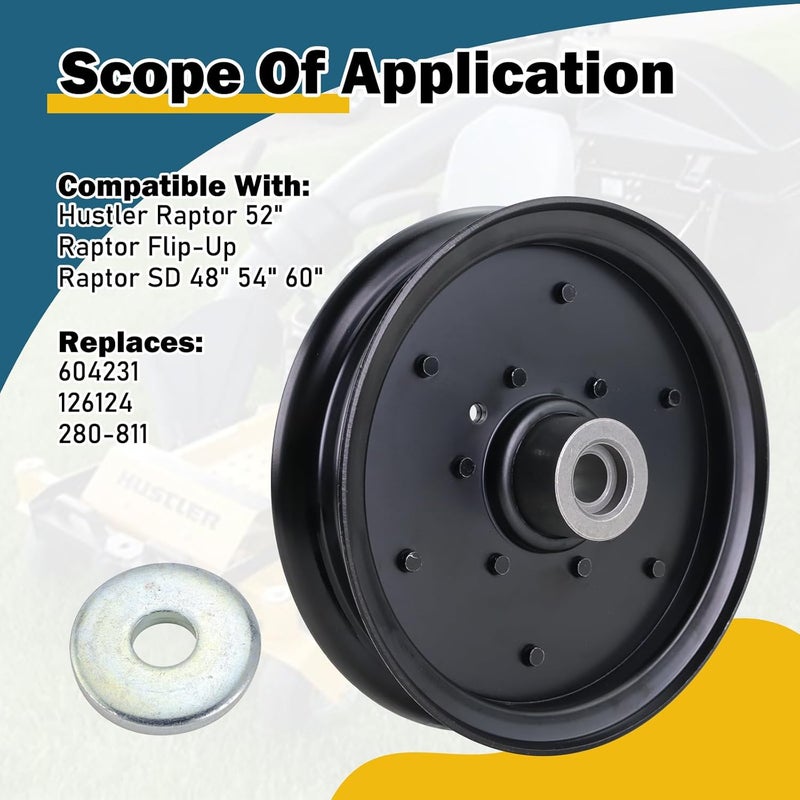 Xiaoyudou Lawn Mower Flat Idler Pulley Compatible with Hustler Raptor 52", Raptor Flip-Up, Raptor SD 48" 54" 60" Replaces 604231 126124 280-811 - Image 3